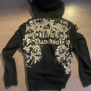 Harley-Davidson Black Zip Up Hoodie with Skull and Floral Motif